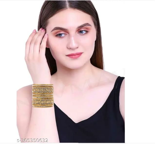 NAVMAV Traditional Designer Non-Precious Metal Base Metal Studded with Gemstone Zircon and Linked with Ball Chain Golden Plated Bracelet Bangle set for Women & Girls