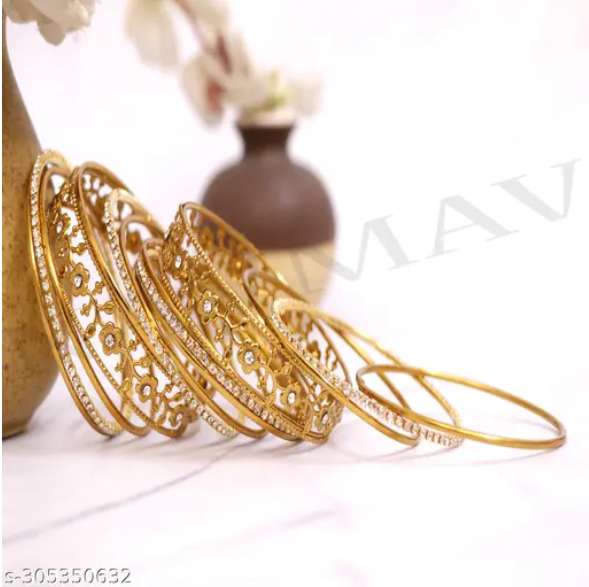 NAVMAV Traditional Designer Non-Precious Metal Base Metal Studded with Gemstone Zircon and Linked with Ball Chain Golden Plated Bracelet Bangle set for Women & Girls